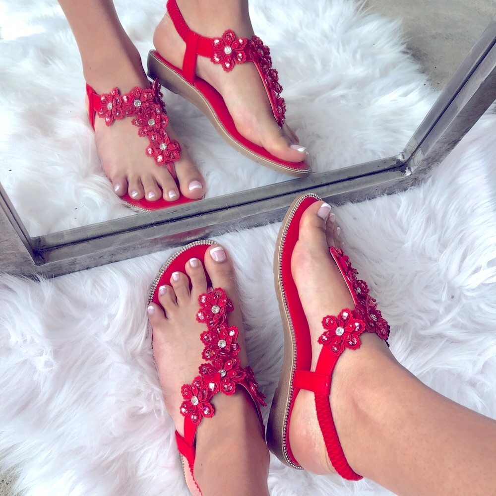 Red Flower Italina Rhinestone Thong Wedge Sandal - Picture 2 of 11
